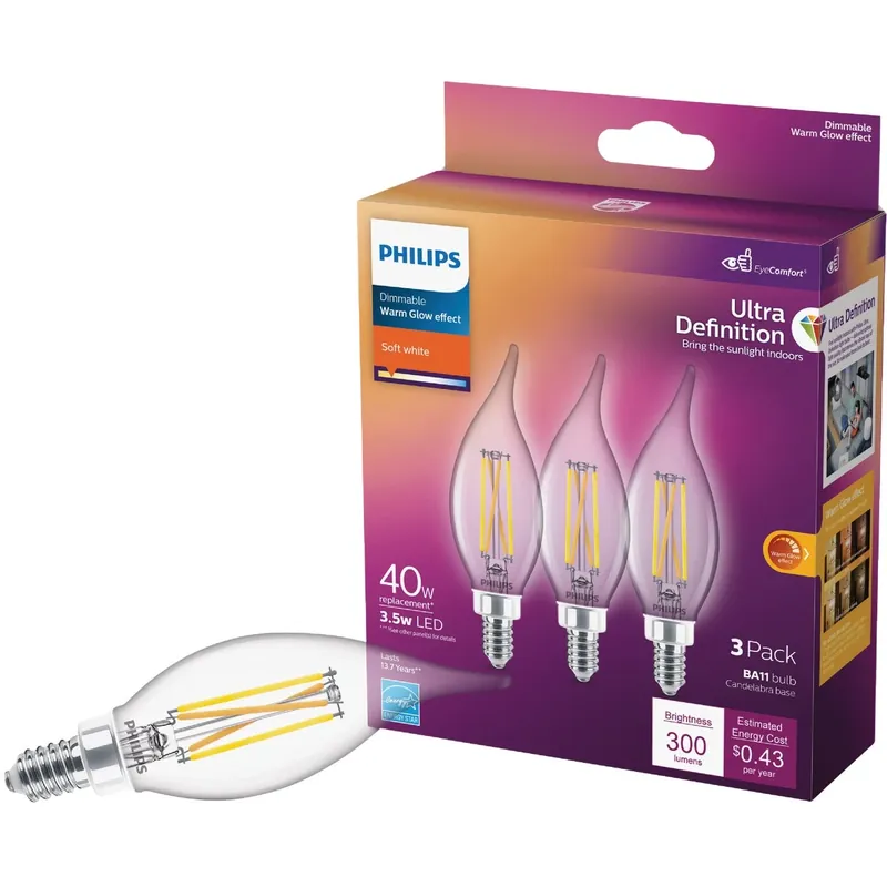 Philips Ultra Definition BA11 E12 (Candelabra) LED Bulb Soft White 40 Watt Equivalence 3 Pk
