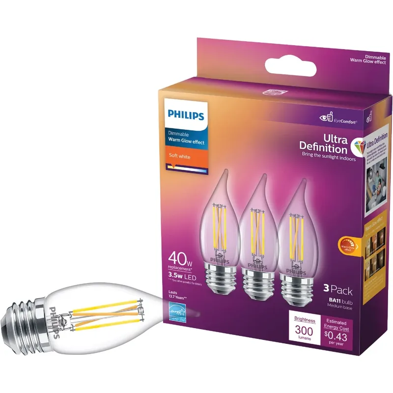 Philips Ultra Definition BA11 E26 (Medium) LED Bulb Soft White 40 Watt Equivalence 3 Pk