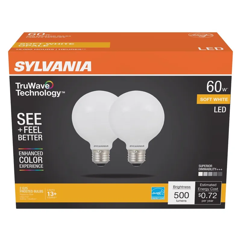 Sylvania TruWave G25 E26 (Medium) LED Bulb Soft White 60 Watt Equivalence 2 Pk