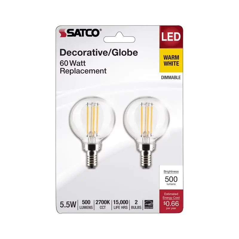 Satco G16.5 E12 (Candelabra) Filament LED Bulb Warm White 60 Watt Equivalence 2 Pk