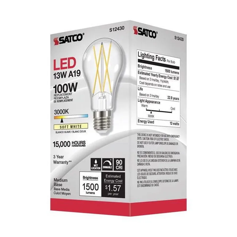 Satco A19 E26 (Medium) Filament LED Bulb Soft White 100 Watt Equivalence 1 Pk
