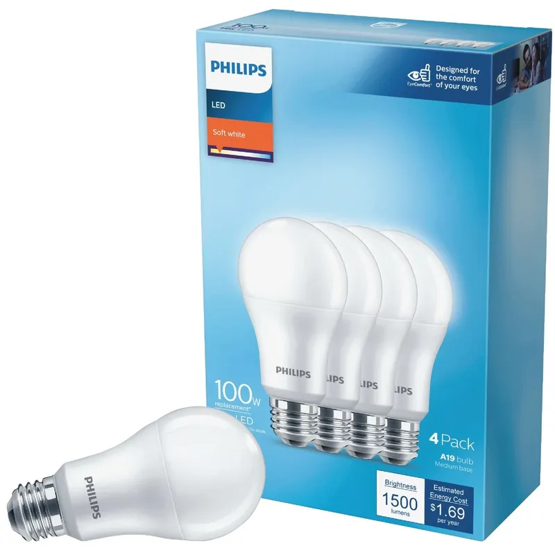 Philips A19 E26 (Medium) LED Bulb Soft White 100 Watt Equivalence 4 Pk