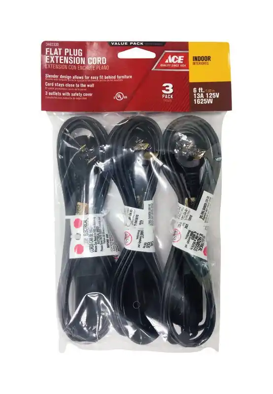 Indoor 6 Ft. Black Extension Cord 16/2 Spt-2 With Three Outlets