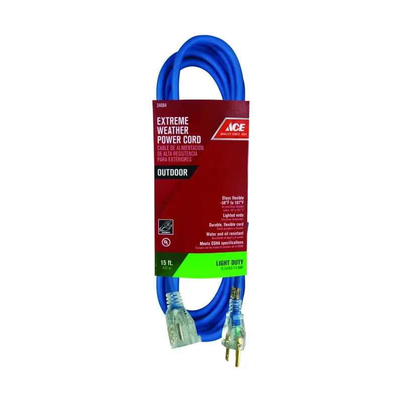 Outdoor 15 Ft. Blue Extension Cord 16/3 Sjow With Power Indicator
