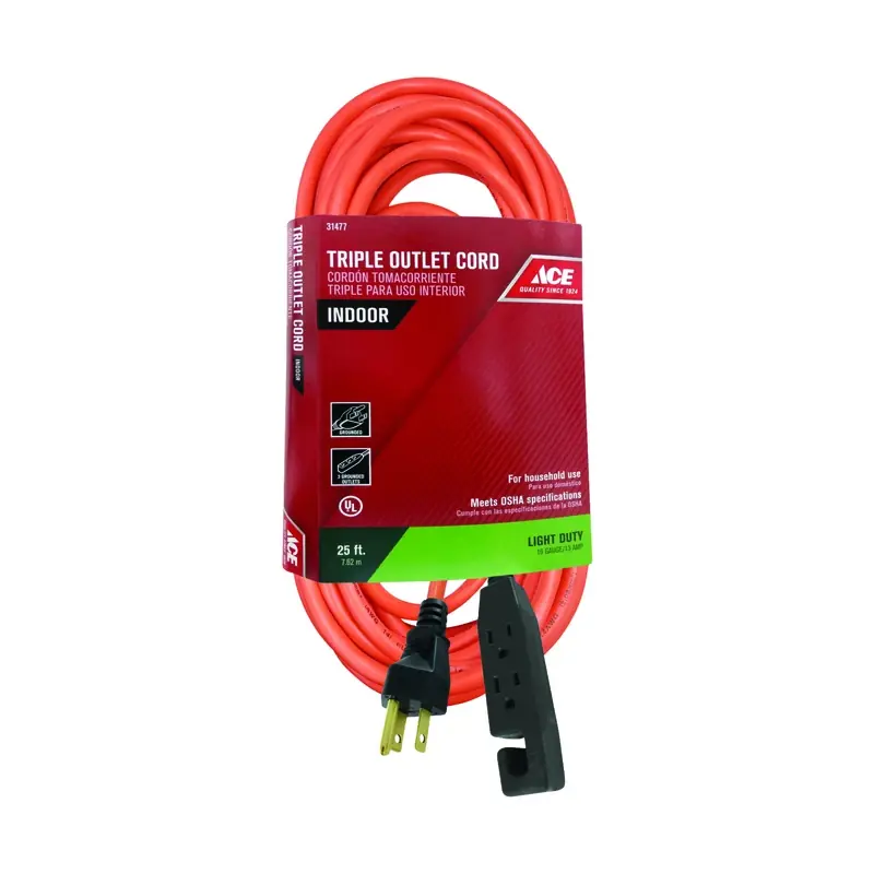 Indoor 25 Ft. Orange Triple Outlet Extension Cord 16/3 Sjt For Versatile Use