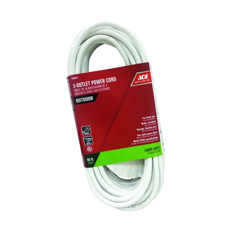 Outdoor 50 Ft. L White Triple Outlet Cord 16/3 Sjtw - Durable And Flexible