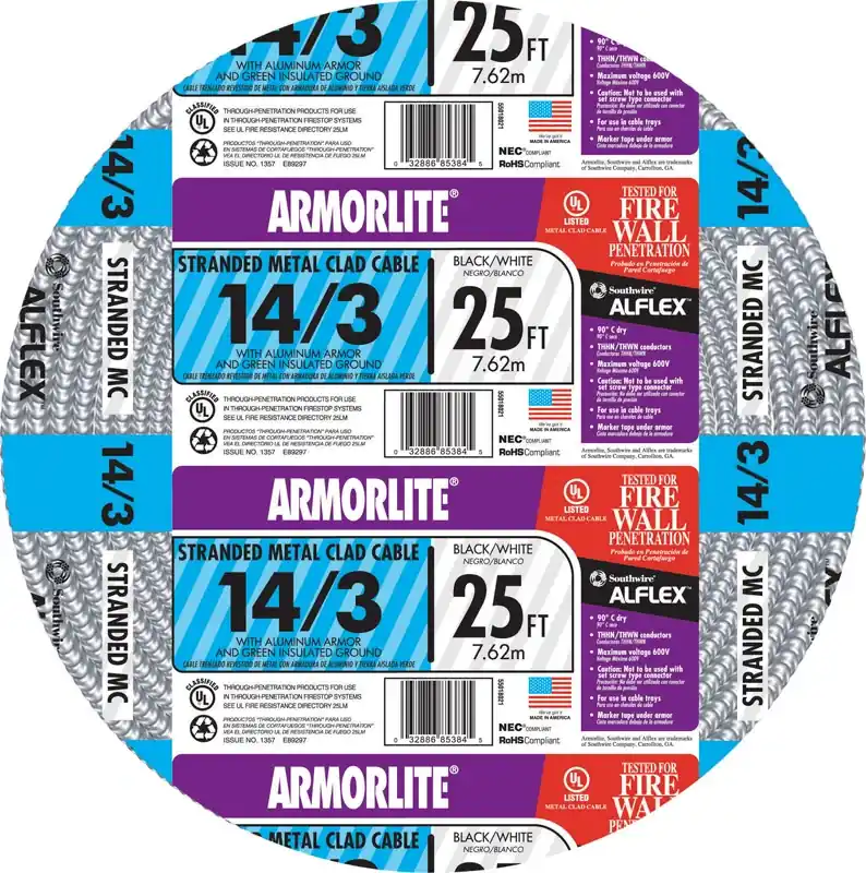 Southwire 25 Ft. 14/3 Stranded Aluminum Armored Metal Clad Cable