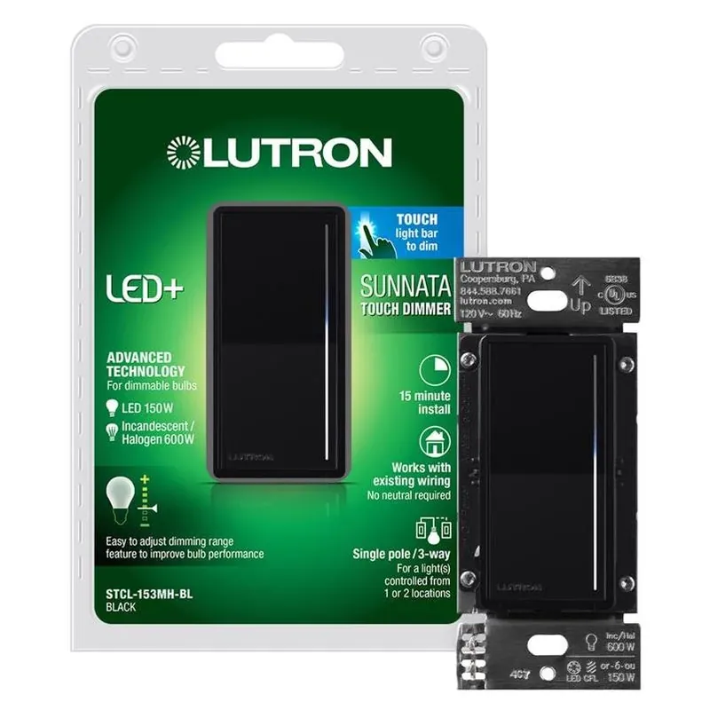 Lutron Sunata Black 150W 3‑Way Dimmer Switch – UL‑Listed Resin Control