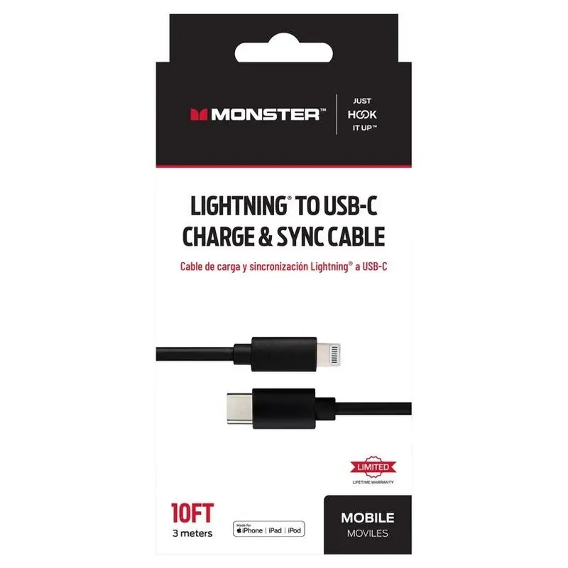 Monster Just Hook It Up 10‑ft Lightning‑to‑USB‑C Fast Charge Cable – Black