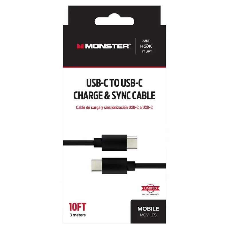 Monster Just Hook It Up 10‑Foot USB‑C To USB‑C Fast Charging & Sync Cable – Black