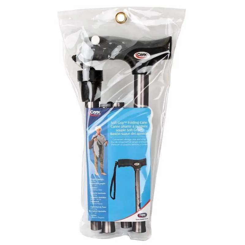 Carex Black Soft‑Grip Folding Cane With Carry Strap – 37‑Inch Lightweight Aluminum Support