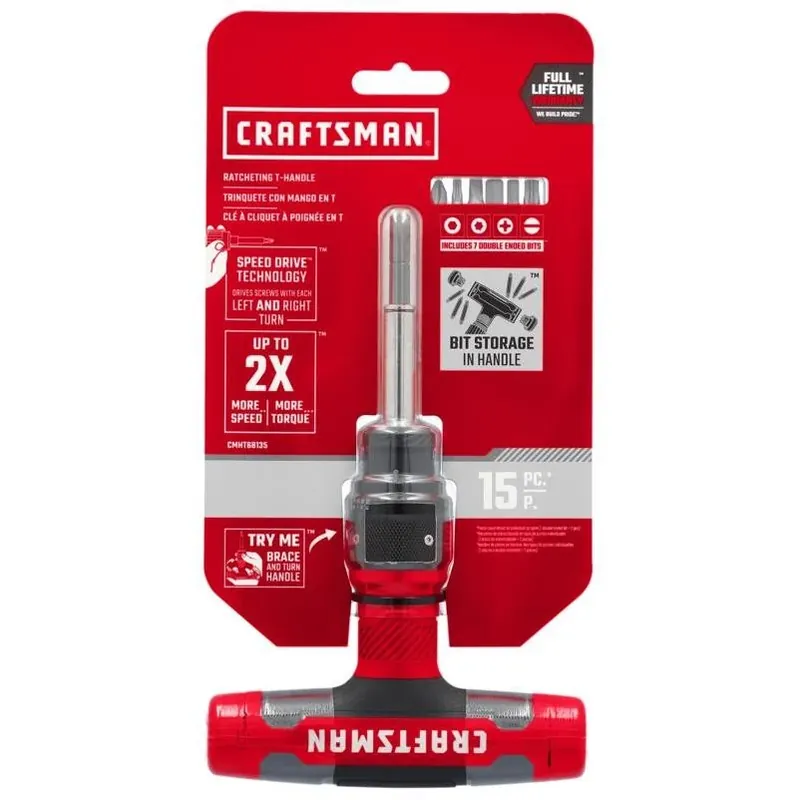 Craftsman Speeddrive 15‑Piece Ratcheting T‑Handle Driver & Bit Set – Bi‑Material Ergonomic Grip