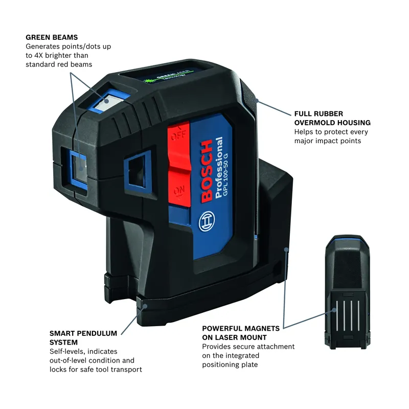 Five-Point Laser Level, Self-Leveling, Green Beam, 30 Ft. Accuracy