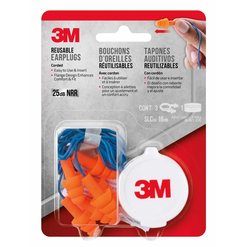 3M 25 DB Polyurethane Foam Earplugs Blue/Orange 3 Pair