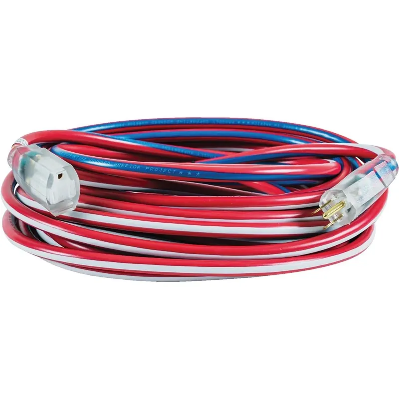 Patriotic 12/3 Heavy‑Duty 50‑Foot Extension Cord – Red, White & Blue Striped, Indoor/Outdoor, UL‑Listed