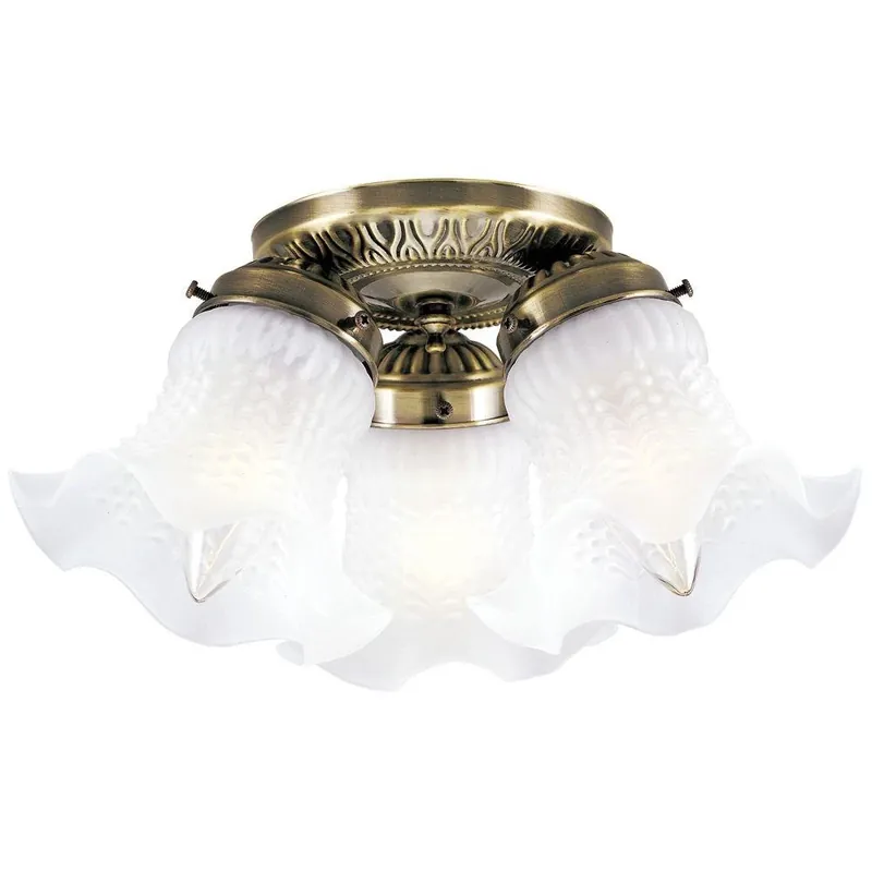 3-light Antique Brass Flush-mount Ceiling Fixture With Frosted Ruffled Edge Glass