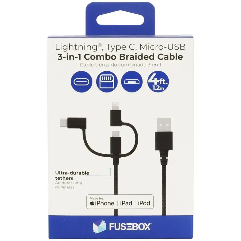 Black Braided Usb Cable For Apple Devices - 4 Feet Long