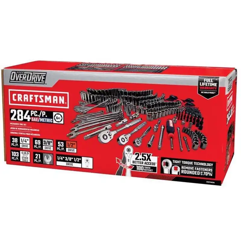 Craftsman Overdrive 284‑Piece 1/4‑3/8‑1/2 Inch Drive Metric/SAE 6‑Point Socket Set