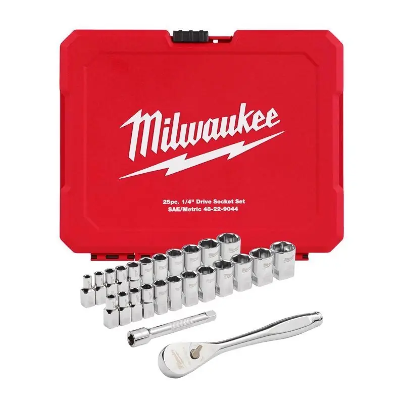 Milwaukee 1/4 Inch Drive Metric And Sae 25 Piece Ratchet And Socket Set 90 Teeth