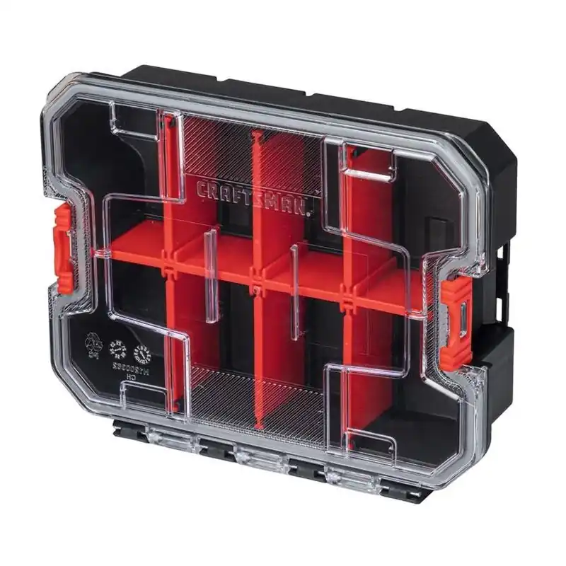 Craftsman VersaStack 8‑Compartment Stackable Plastic Small Parts Bin – 7.5" X 2.76" Black/Red