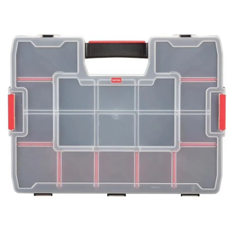 Craftsman 15‑Compartment Lockable Plastic Storage Organizer – 13" X 3.5" X 17.5" (Black/Red)