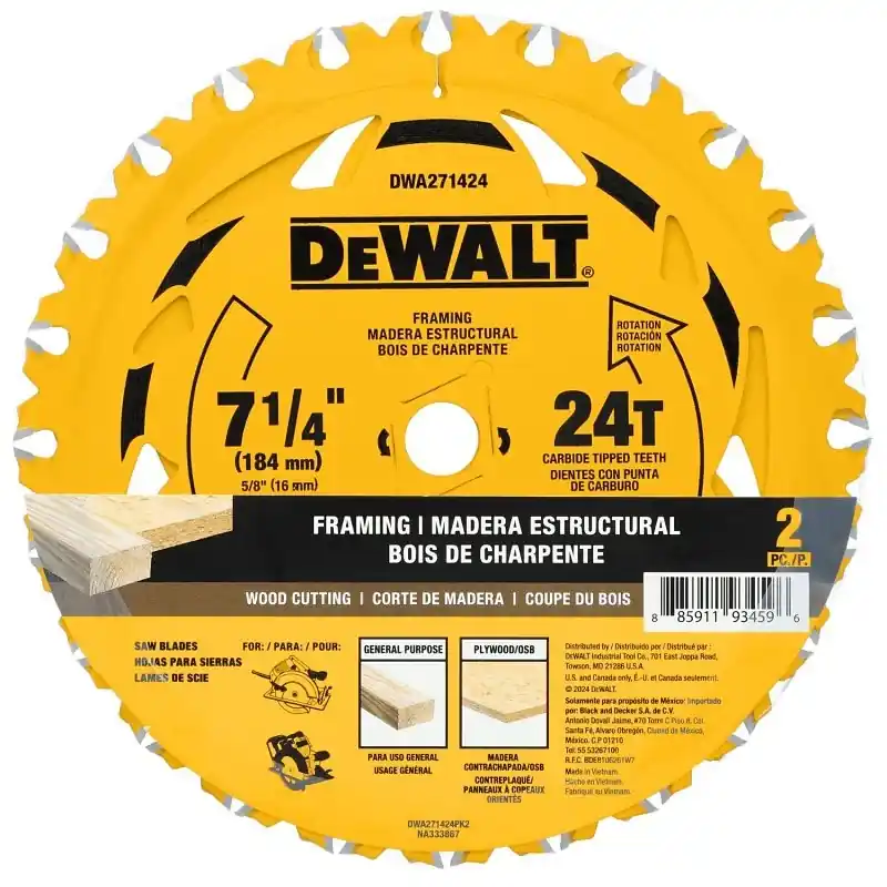 DeWalt 7-1/4 In. D X 5/8 In. Tungsten Carbide Tipped Circular Saw Blade Set 24 Teeth 2 Pk
