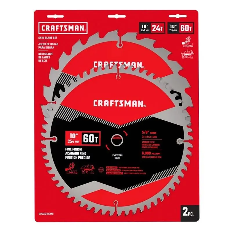 Craftsman 10‑Inch Carbide‑Tipped Miter Saw Blade – Dual 24‑Tooth & 60‑Tooth Pack (5/8‑In Arbor)