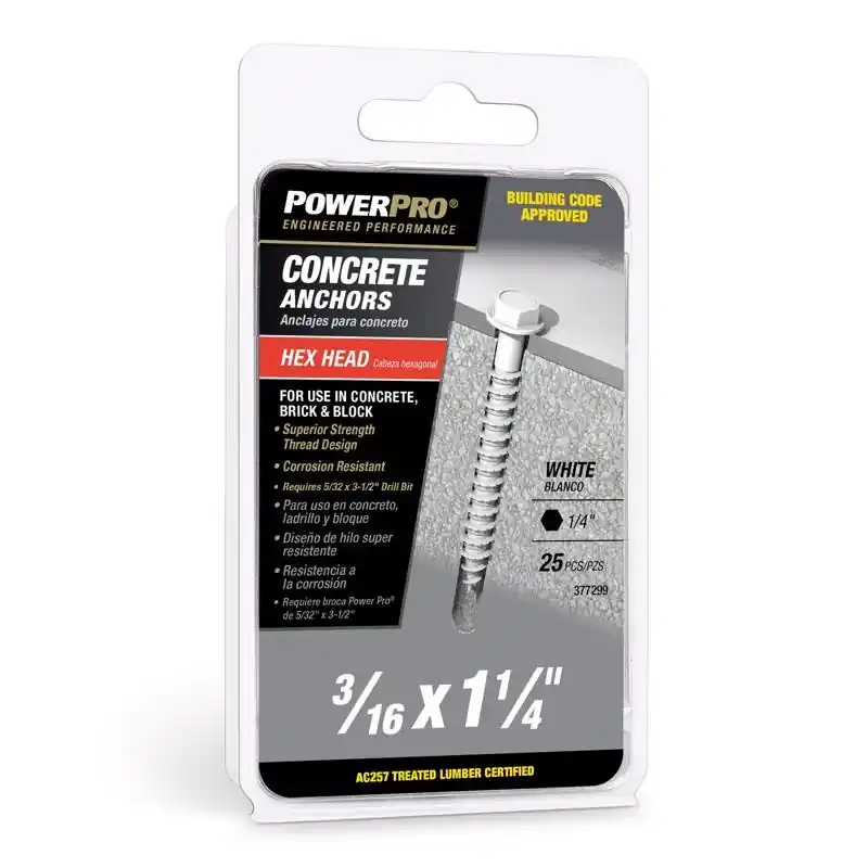 Power Pro 3/16 In. Diameter X 1-1/4 In. Length Carbon Steel Hex Head Concrete Screw Anchor