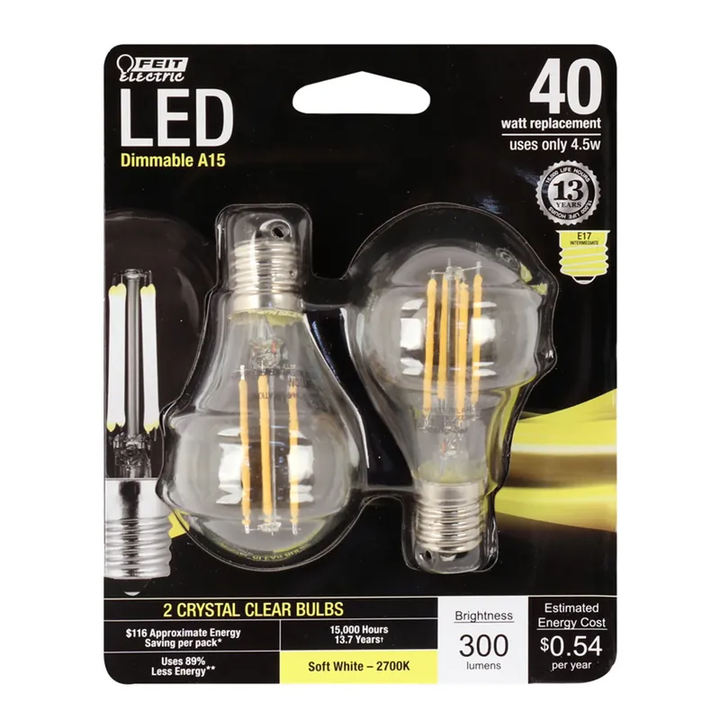 Feit Performance A15 E17 (Intermediate) LED Bulb Soft White 40 Watt Equivalence 2 Pk