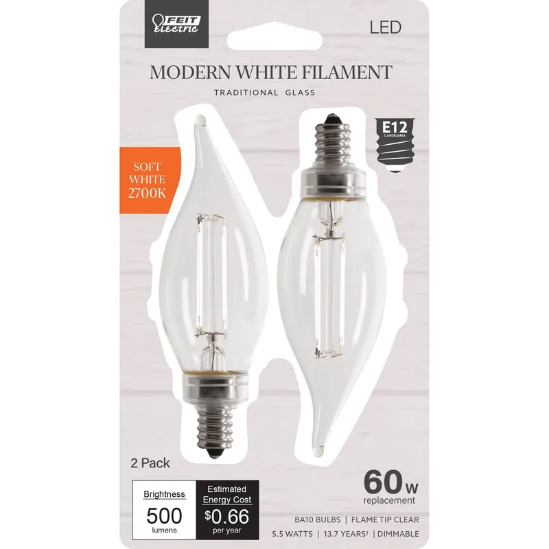3005618 BA10 E12 Candelabra 60W Equivalence Filament LED Bulb, Soft White - Pack Of 2