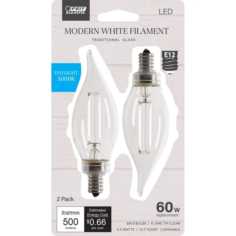 3005626 BA10 E12 Candelabra Filament 60W Equivalence LED Bulb Daylight, Daylight - Pack Of 2
