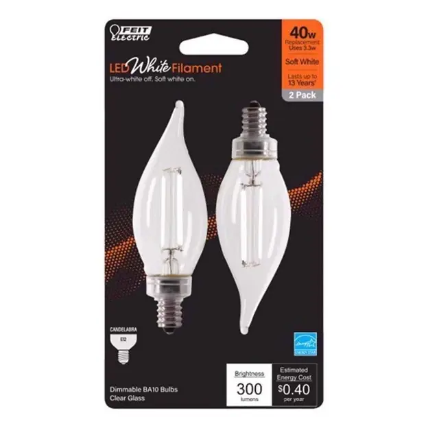 Feit White BA10 E12 (Candelabra) Filament LED Bulb Soft White 40 Watt Equivalence 2 Pk