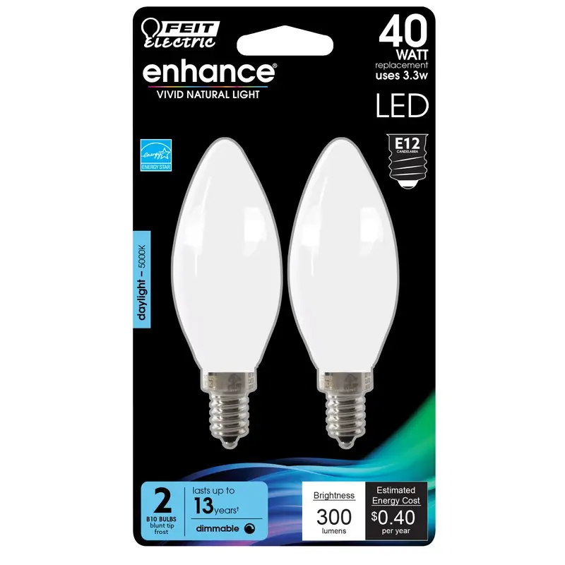Feit Enhance B10 E12 (Candelabra) Filament LED Bulb Daylight 40 Watt Equivalence 2 Pk