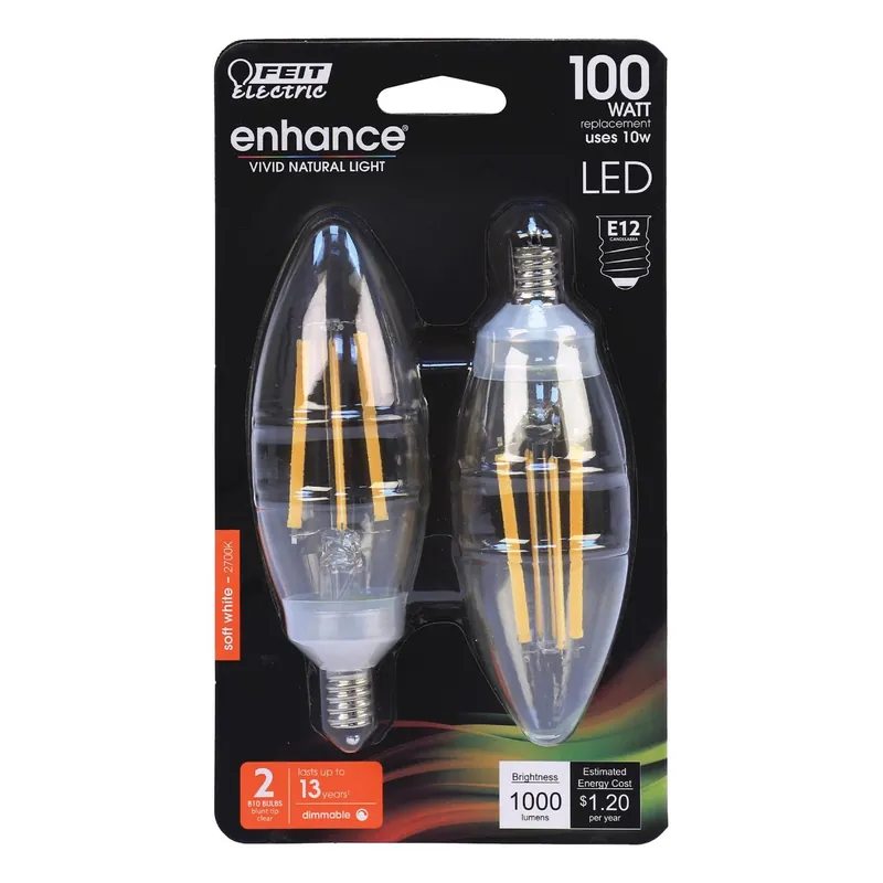 Feit Electric Acres Blunt Tip E12 (Candelabra) Filament LED Bulb Soft White 100 Watt Equivalence 2 P