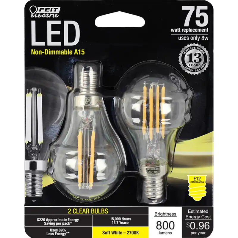 Feit Electric Acres A15 E12 (Candelabra) Filament LED Bulb Soft White 75 Watt Equivalence 2 PK