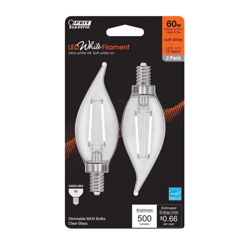 Feit White BA10 E12 (Candelabra) Filament LED Bulb Soft White 60 Watt Equivalence 2 Pk