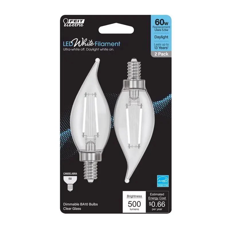 Feit White BA10 E12 (Candelabra) LED Flame Bulb Daylight 60 Watt Equivalence 2 Pk