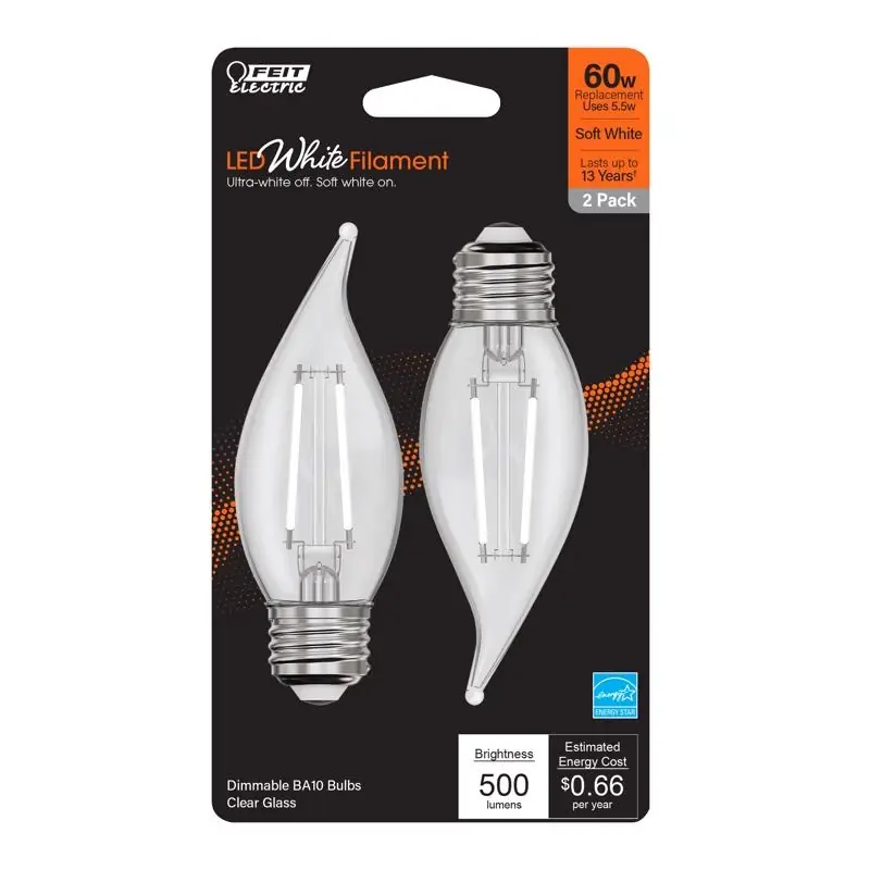 Feit White BA10 E26 (Medium) Filament LED Bulb Soft White 60 Watt Equivalence 2 Pk