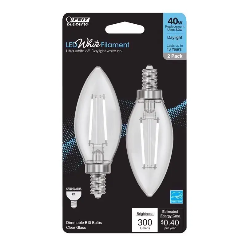 Feit White B10 E12 (Candelabra) Filament LED Bulb Daylight 40 Watt Equivalence 2 Pk