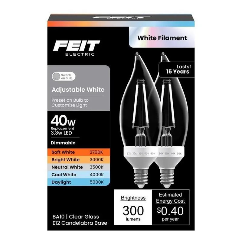 Feit Adjustable White LED Candelabra Bulb – 40W Equivalent, Dimmable, 2‑Pack