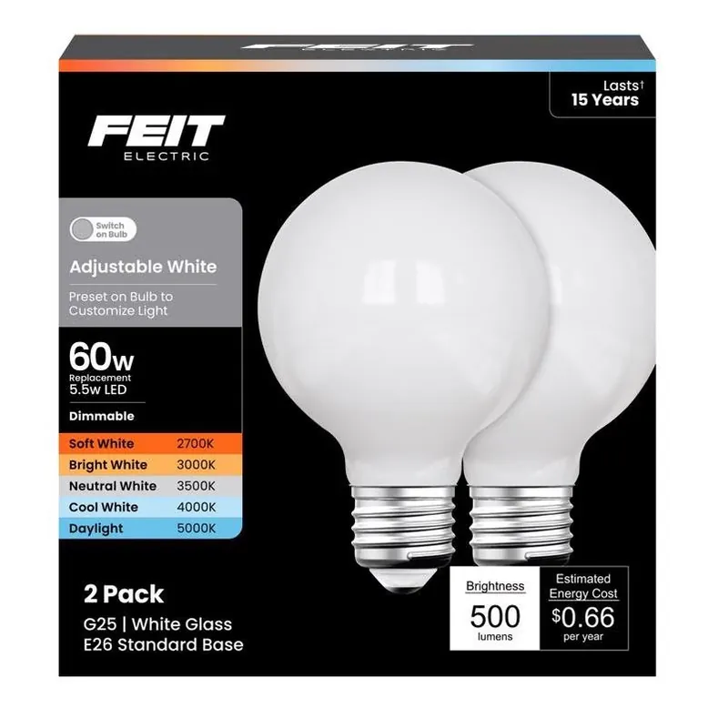 Feit G25 Adjustable White LED Bulb – 5.5W (60W Equivalent) Dimmable E26 Medium Base, 5000K, 500 lm – 1 Pack