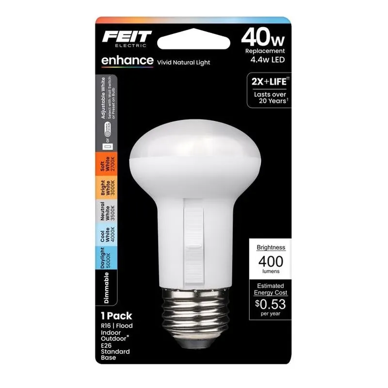 Feit Adjustable White LED R16 Bulb – 40W Equivalent, Dimmable, 300 Lumens