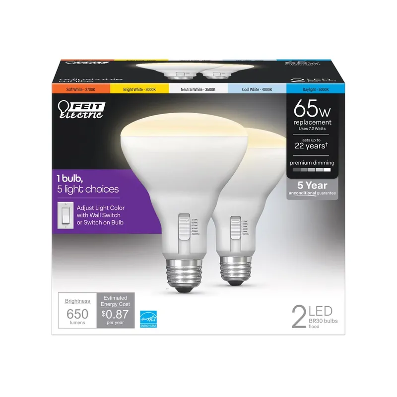 Feit BR30 E26 (Medium) LED Bulb Adjustable White 65 Watt Equivalence 2 Pk