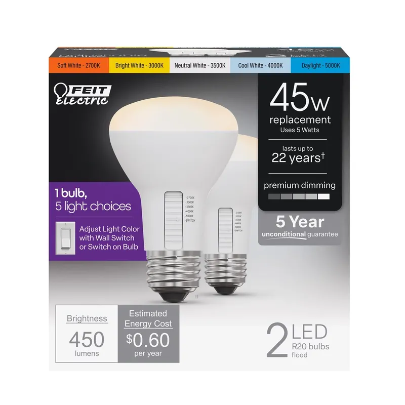 Feit R20 E26 (Medium) LED Bulb Adjustable White 45 Watt Equivalence 2 Pk