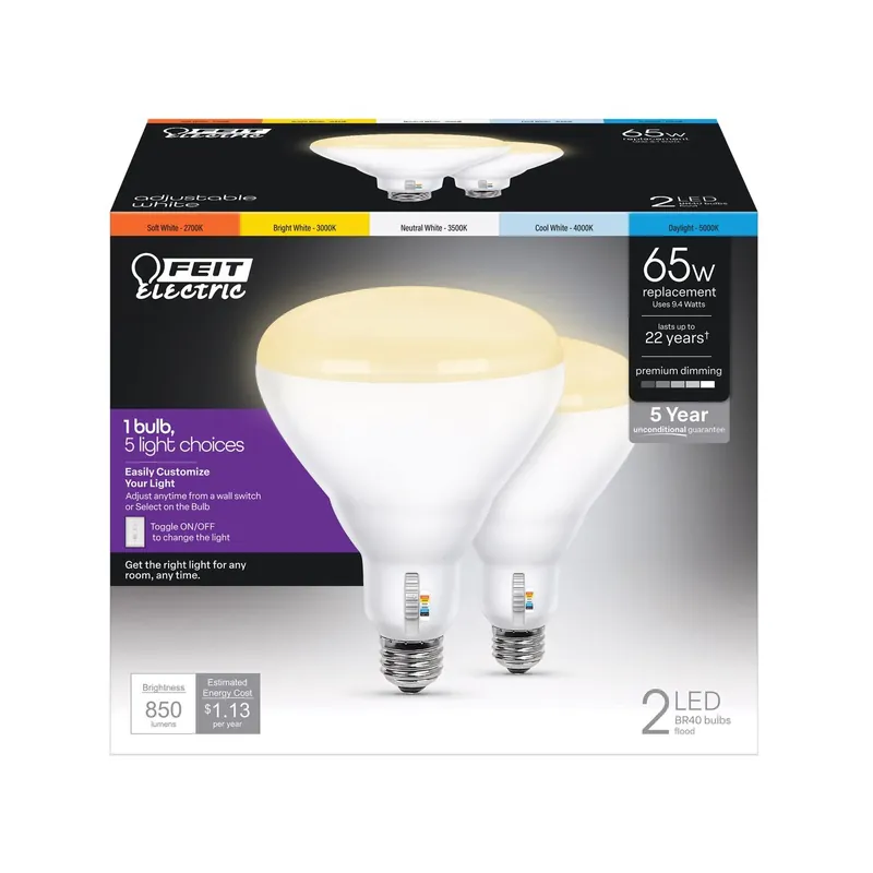Feit BR40 E26 (Medium) LED Floodlight Bulb Adjustable White 65 Watt Equivalence 2 Pk