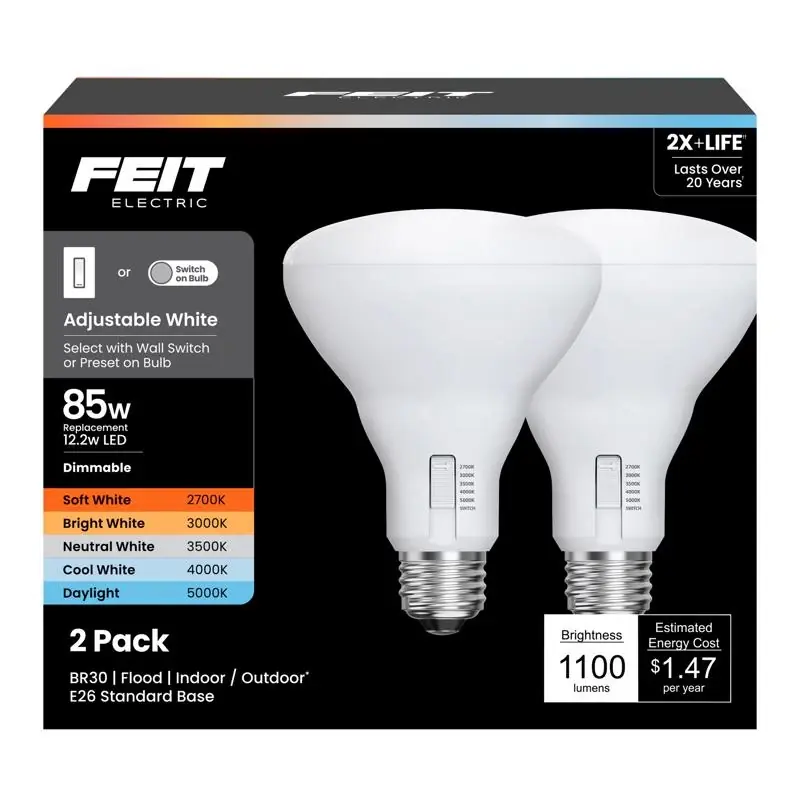 Feit BR30 E26 (Medium) LED Bulb Adjustable White 85 Watt Equivalence 2 Pk