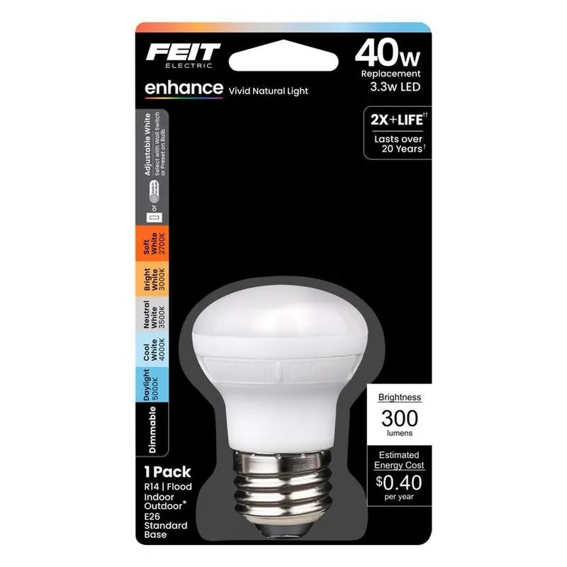 Feit Adjustable White R14 LED Bulb – 40W Equivalent, Dimmable, E17 Base (1 Pack)
