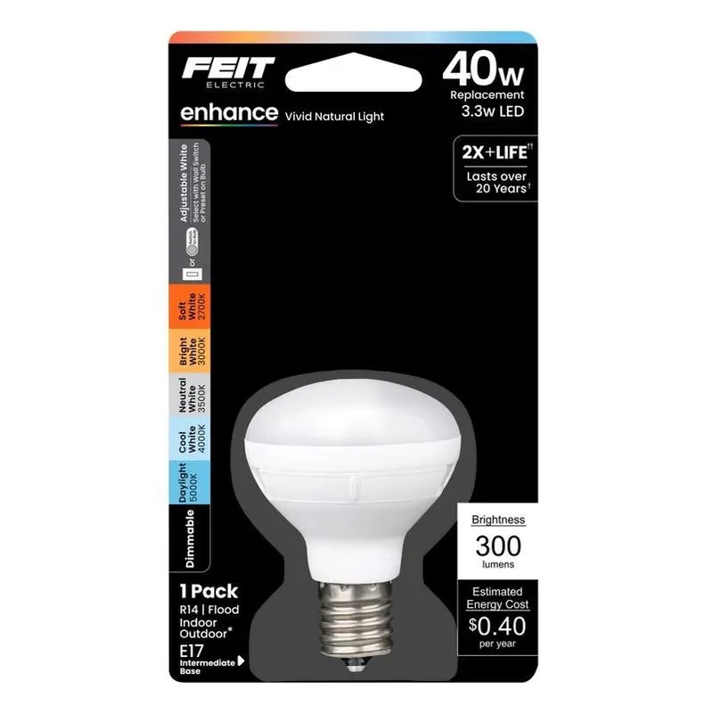 Feit 40W‑Equivalent R14 LED Bulb – Adjustable White, Dimmable, 3.3W, E26 Medium Base (1‑Pack)