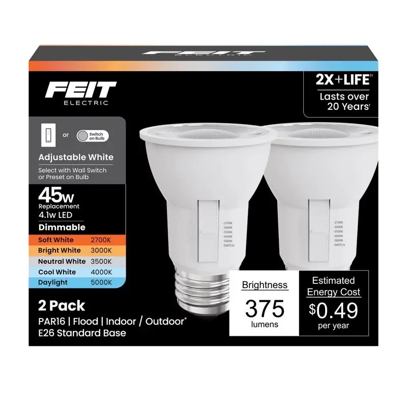 Feit PAR16 E26 (Medium) LED Bulb Adjustable White 45 Watt Equivalence 2 Pk