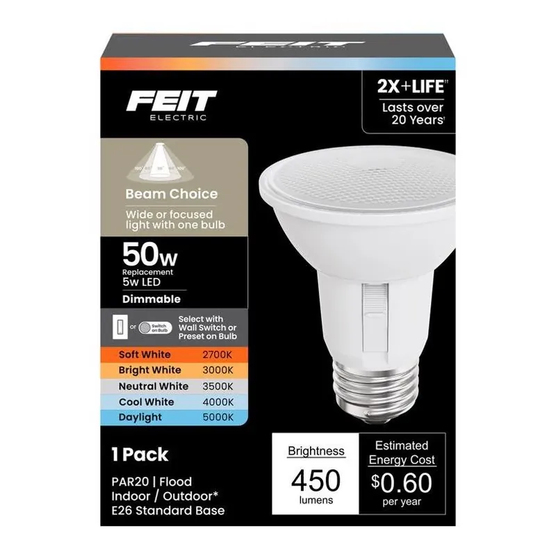 Feit Smart Wi‑Fi LED PAR20 Bulb – 5W Adjustable White, Dimmable, 50W Equivalent (E26)